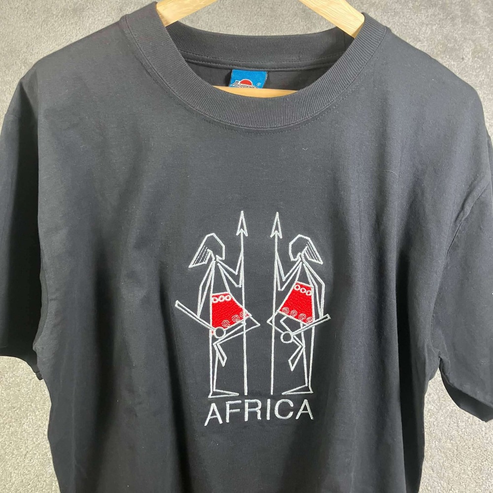 Vintage Africa T-Shirt Mens XL Black Embroidered Tribal Warriors Kenya Cotton
